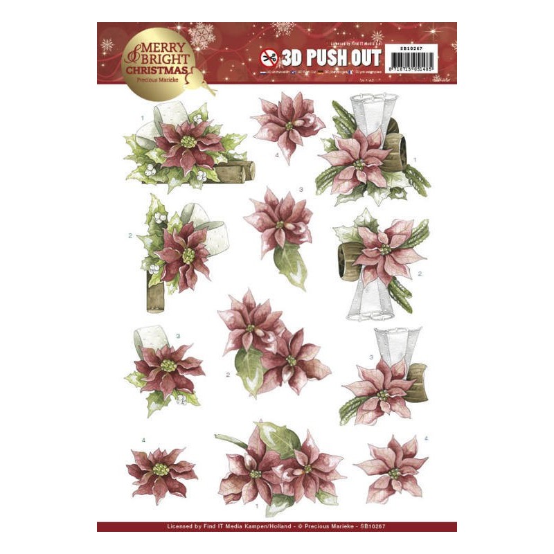 (SB10267)3D Push Out - Precious Marieke - Merry and Bright Christmas - Poinsettia in Red