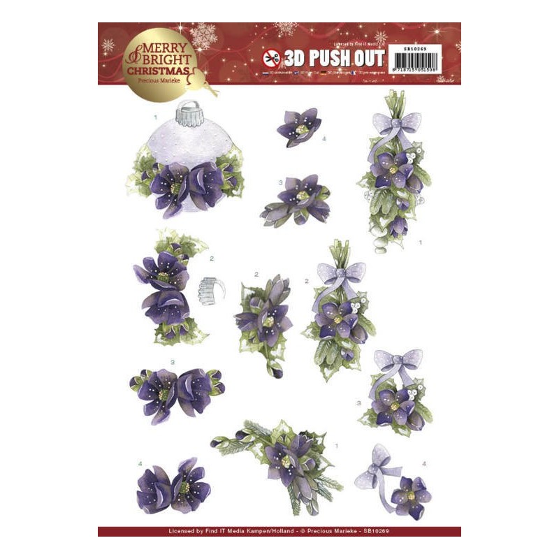 (SB10269)3D Push Out - Precious Marieke - Merry and Bright Christmas - Bouquets in Purple