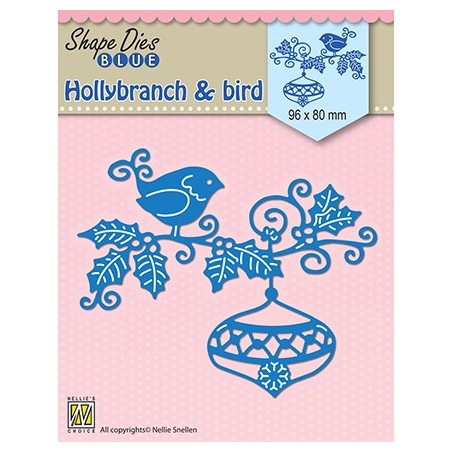 (SDB064)Nellie's Shape Dies Blue Holly branch, bauble & bird