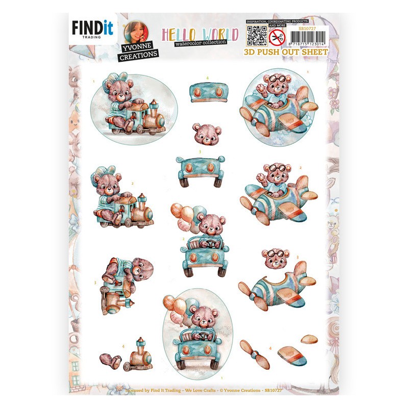 (SB10727)3D Push Out - Yvonne Creations - Hello World - Playing Teddybear