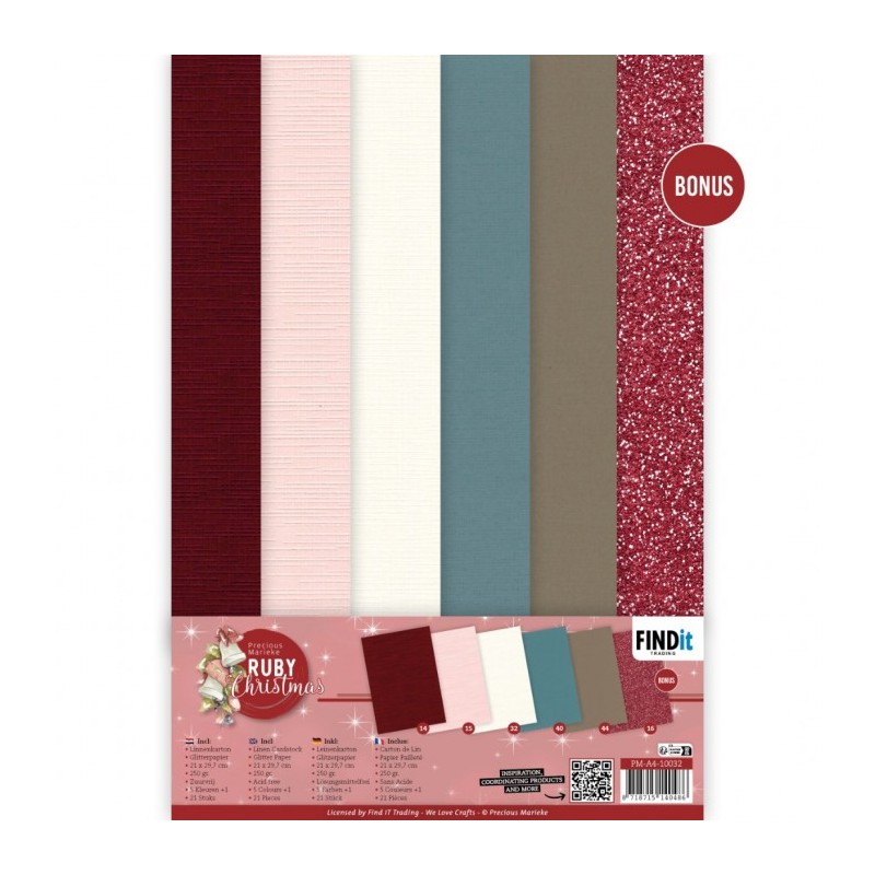 (PM-A4-10032)Linen Cardstock Pack - Precious Marieke - Ruby Christmas - A4